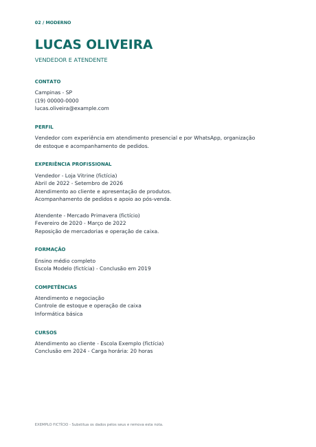 Prévia embaçada do currículo de vendas